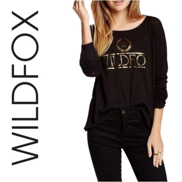 WILDFOX COUTURE GOLD CRESTED WILDFOX LOGO BLACK LONG SLEEVE LIGHTWEIGHT SWEATER - Picture 4 of 13